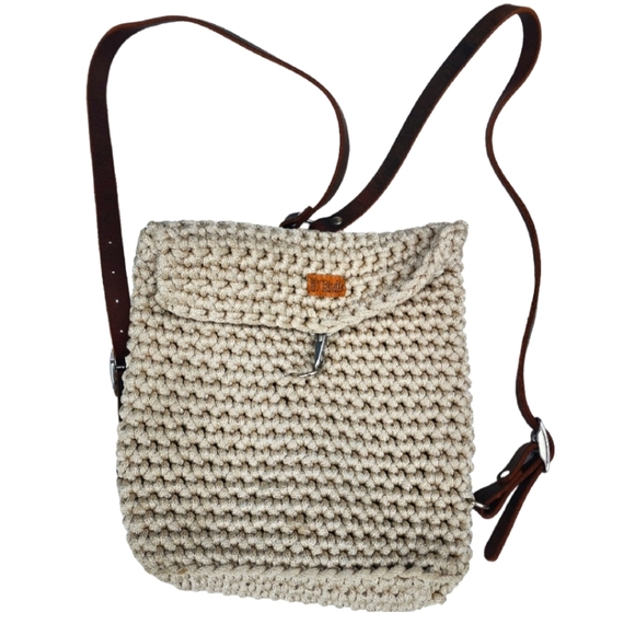 little Birdie Design Studio Handbags - Little Birdie Design Studio Women Cream Beige Hand Knit Backpack Bag Leather